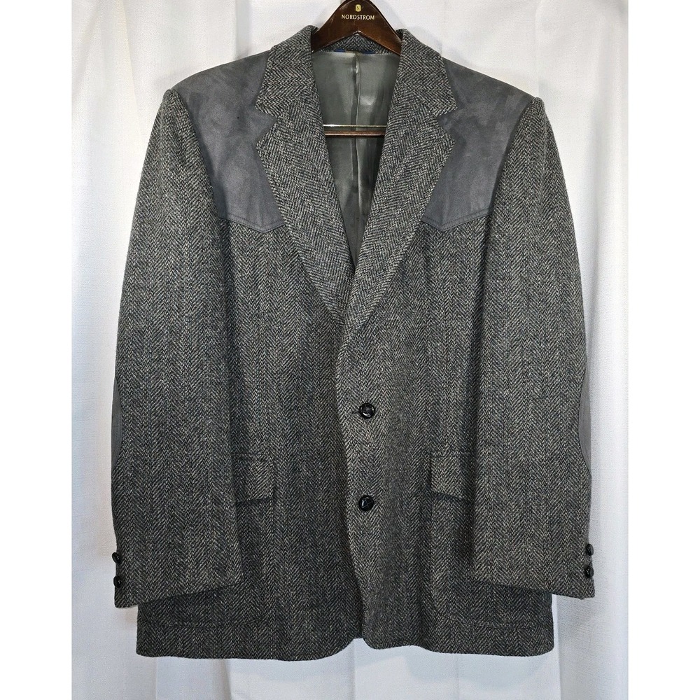 VTG Pendleton Suede Shoulder Elbow‎ Patches Wool Blazer Tweed Coat Gray 46 Reg